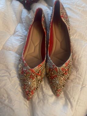 Red Embellished Pointed-Toe Flats